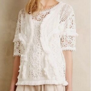 Anthropologie Yoana Baraschi Off White Fringe and Lace Crochet Blouse